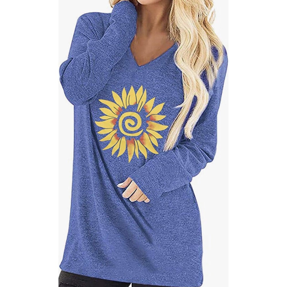 Miselon Womens V Neck Long Sleeve Casual Tunic Top Blouse Sunflower Design Sz L